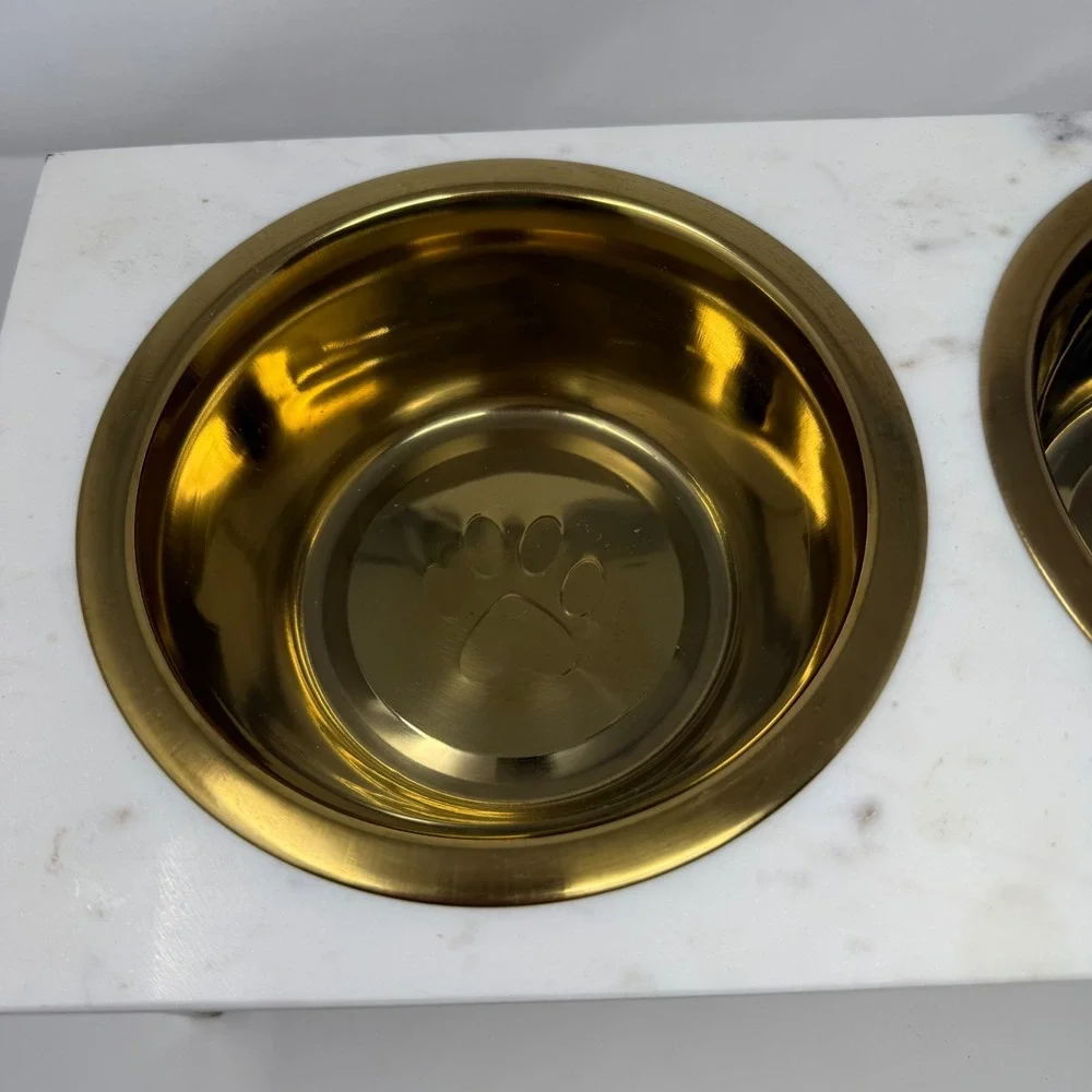 Modern Elevated Pet Feeder White Marble Gold Brass Colored Metal Base Bowls